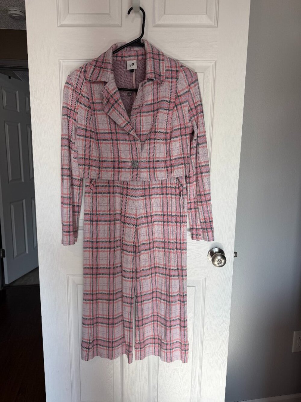 Cabi Plaid 2 Piece Jacket & Wide Leg Pants Set XS/S Pink/Purple/Teal